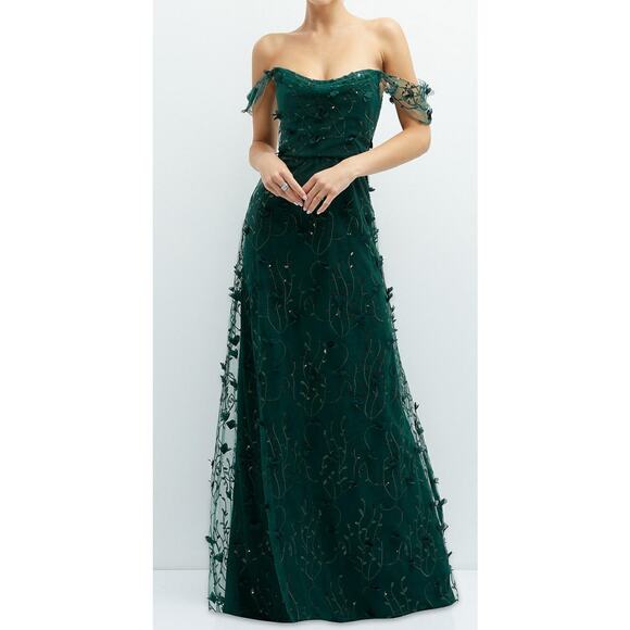 NWT Dessy Size 16 OFF-THE-SHOULDER A-LINE 3D‎ FLORAL EMBROIDERED DRESS EVERGREEN - Picture 1 of 13